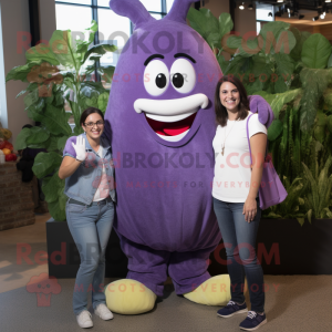 Lavender Eggplant mascot costume character dressed with a Boyfriend Jeans and Watches