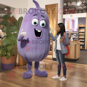 Lavender Eggplant mascot costume character dressed with a Boyfriend Jeans and Watches