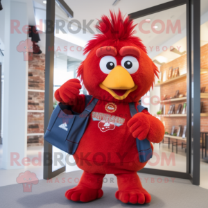 Red Chicken Parmesan mascot costume character dressed with a Flare Jeans and Backpacks