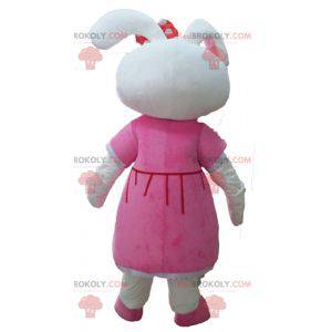 Mascotte de joli lapin blanc habillé d'une robe rose -