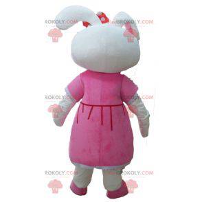 Mascotte de joli lapin blanc habillé d'une robe rose -