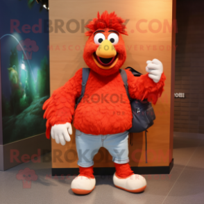 Red Chicken Parmesan mascot costume character dressed with a Flare Jeans and Backpacks