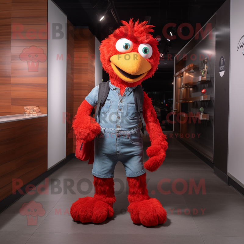 Red Chicken Parmesan mascot costume character dressed with a Flare Jeans and Backpacks