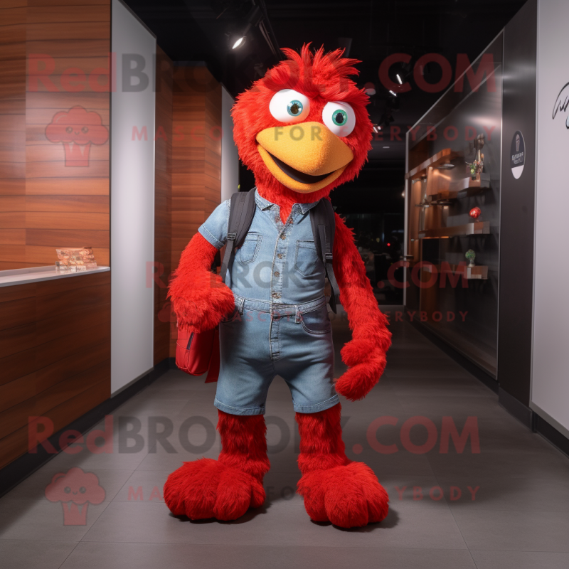 Red Chicken Parmesan mascot costume character dressed with a Flare Jeans and Backpacks Red Chicken Parmesan mascot costume character dressed with a Flare Jeans and Backpacks