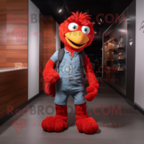 Red Chicken Parmesan mascot costume character dressed with a Flare Jeans and Backpacks