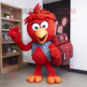 Red Chicken Parmesan mascot costume character dressed with a Flare Jeans and Backpacks