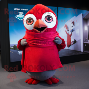 Red Pho mascot costume character dressed with a V-Neck Tee and Scarves