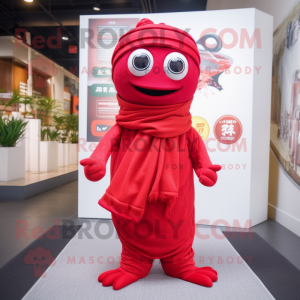 Red Pho mascot costume character dressed with a V-Neck Tee and Scarves