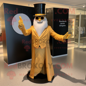 Gold Ring Master mascot costume character dressed with a Maxi Dress and Pocket squares