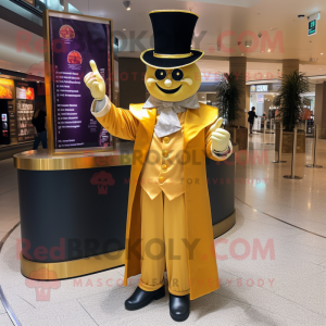 Gold Ring Master mascot costume character dressed with a Maxi Dress and Pocket squares