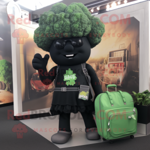 Black Broccoli mascot costume character dressed with a Henley Tee and Briefcases