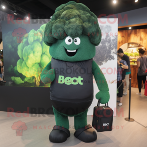 Black Broccoli mascot costume character dressed with a Henley Tee and Briefcases