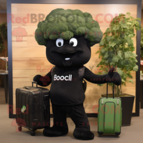 Black Broccoli mascot costume character dressed with a Henley Tee and Briefcases