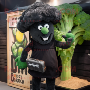 Black Broccoli mascot costume character dressed with a Henley Tee and Briefcases