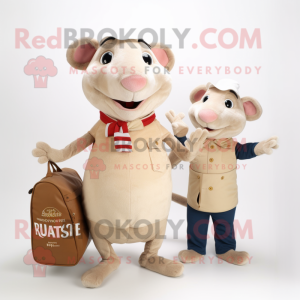 Beige Ratatouille mascot costume character dressed with a T-Shirt and Messenger bags