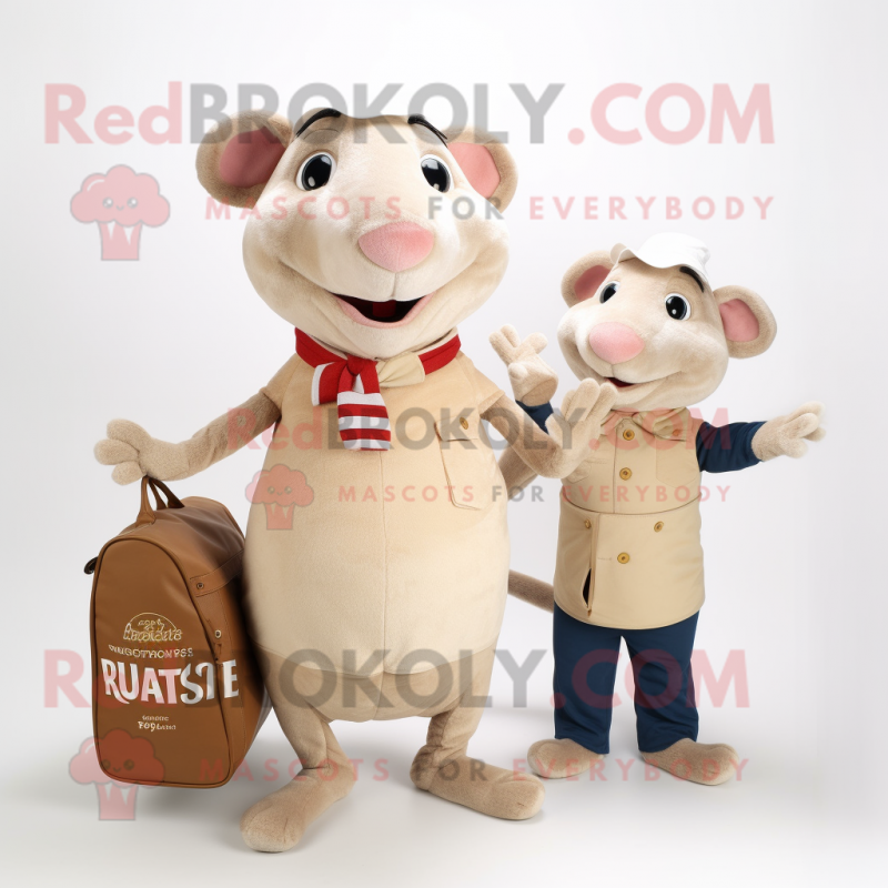 Beige Ratatouille mascot costume character dressed with a T-Shirt and Messenger bags Beige Ratatouille mascot costume character dressed with a T-Shirt and Messenger bags