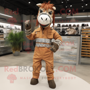 Rust Quagga mascot costume character dressed with a Jumpsuit and Belts