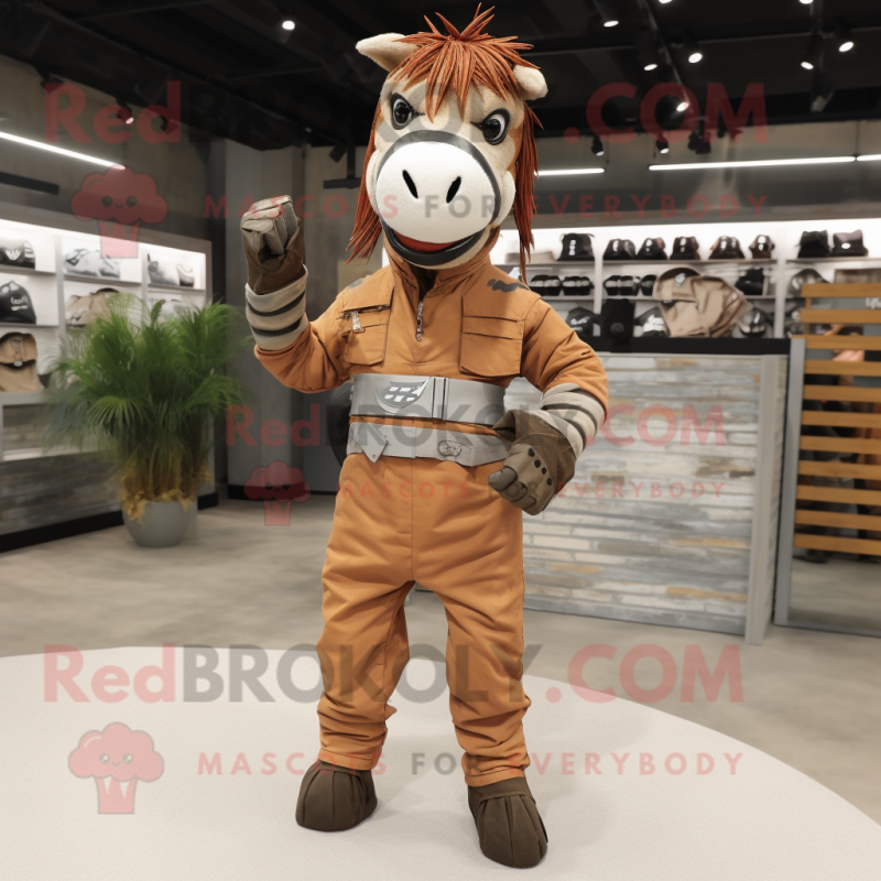 Rust Quagga mascot costume character dressed with a Jumpsuit and Belts Rust Quagga mascot costume character dressed with a Jumpsuit and Belts