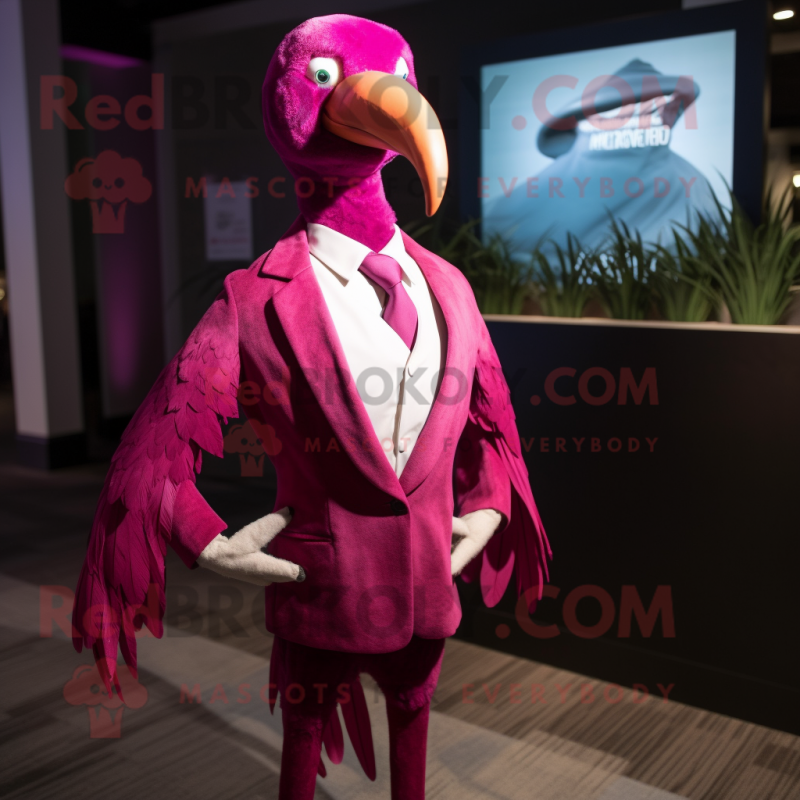 Magenta Albatross mascot costume character dressed with a Sheath Dress and Tie pins