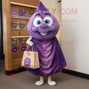 Purple Oyster mascot costume character dressed with a Wrap Dress and Tote bags