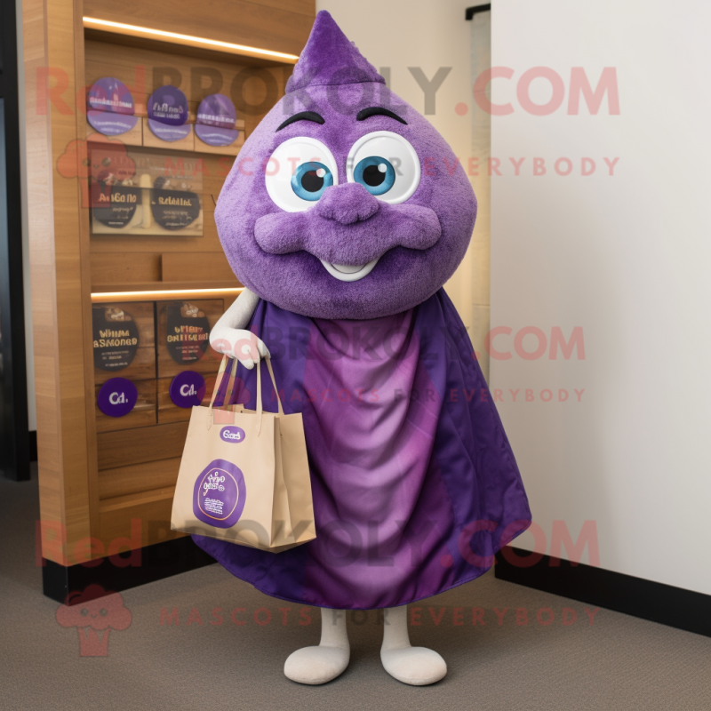 Purple Oyster mascot costume character dressed with a Wrap Dress and Tote bags Purple Oyster mascot costume character dressed with a Wrap Dress and Tote bags
