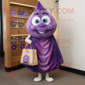 Purple Oyster mascot costume character dressed with a Wrap Dress and Tote bags