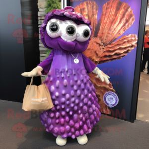 Purple Oyster mascot costume character dressed with a Wrap Dress and Tote bags