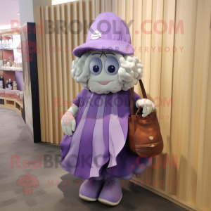 Purple Oyster mascot costume character dressed with a Wrap Dress and Tote bags