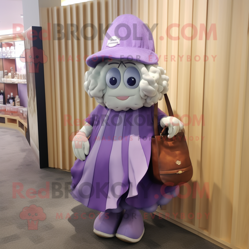 Purple Oyster mascot costume character dressed with a Wrap Dress and Tote bags Purple Oyster mascot costume character dressed with a Wrap Dress and Tote bags