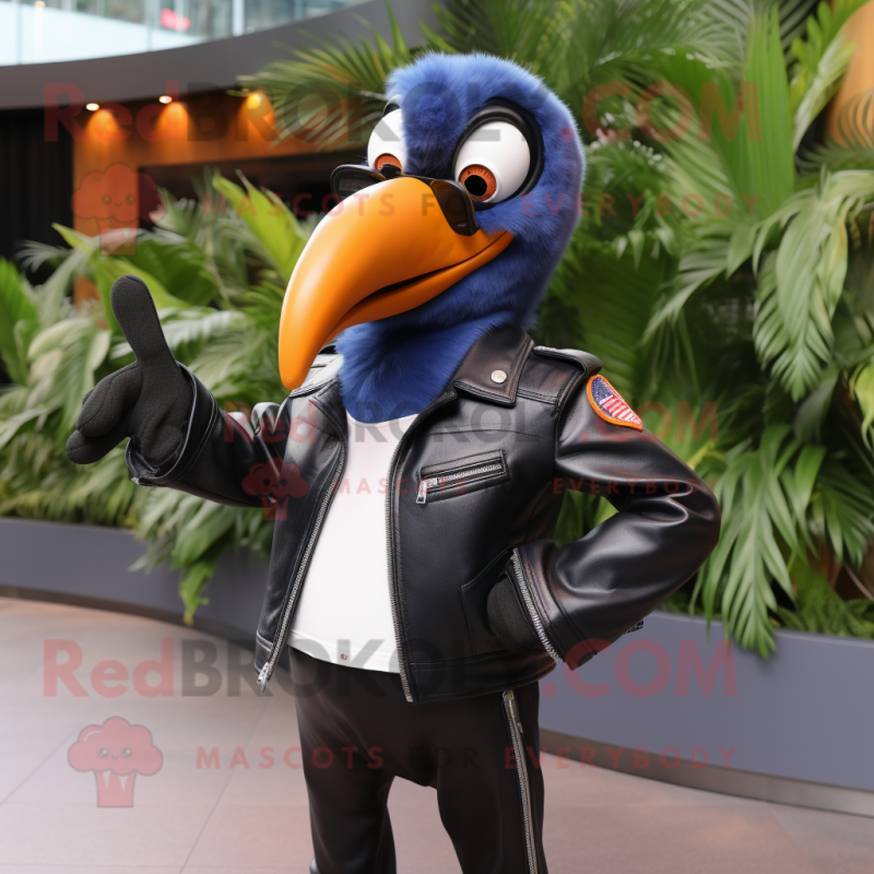 Navy Toucan mascot costume character dressed with a Leather Jacket and Sunglasses