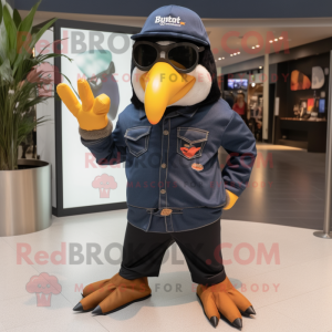 Navy Toucan mascot costume character dressed with a Leather Jacket and Sunglasses
