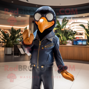 Navy Toucan mascot costume character dressed with a Leather Jacket and Sunglasses