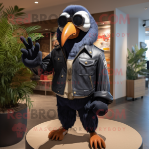 Navy Toucan mascot costume character dressed with a Leather Jacket and Sunglasses