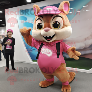 Pink Chipmunk mascot costume character dressed with a Graphic Tee and Watches