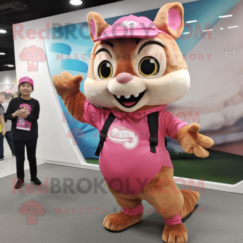Pink Chipmunk mascot costume character dressed with a Graphic Tee and Watches Pink Chipmunk mascot costume character dressed with a Graphic Tee and Watches
