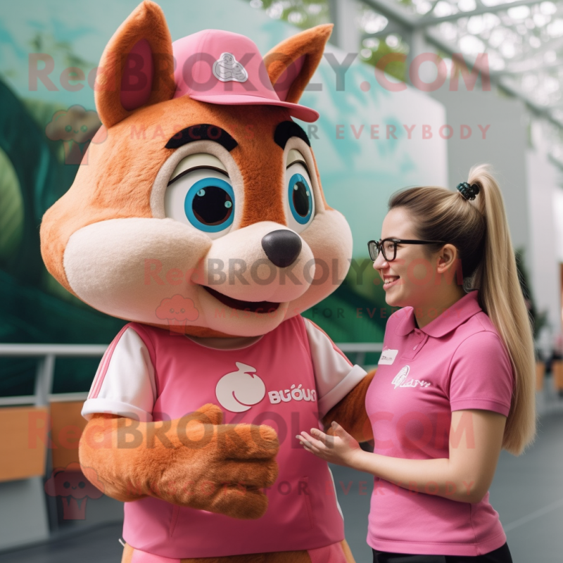 Pink Chipmunk mascot costume character dressed with a Graphic Tee and Watches