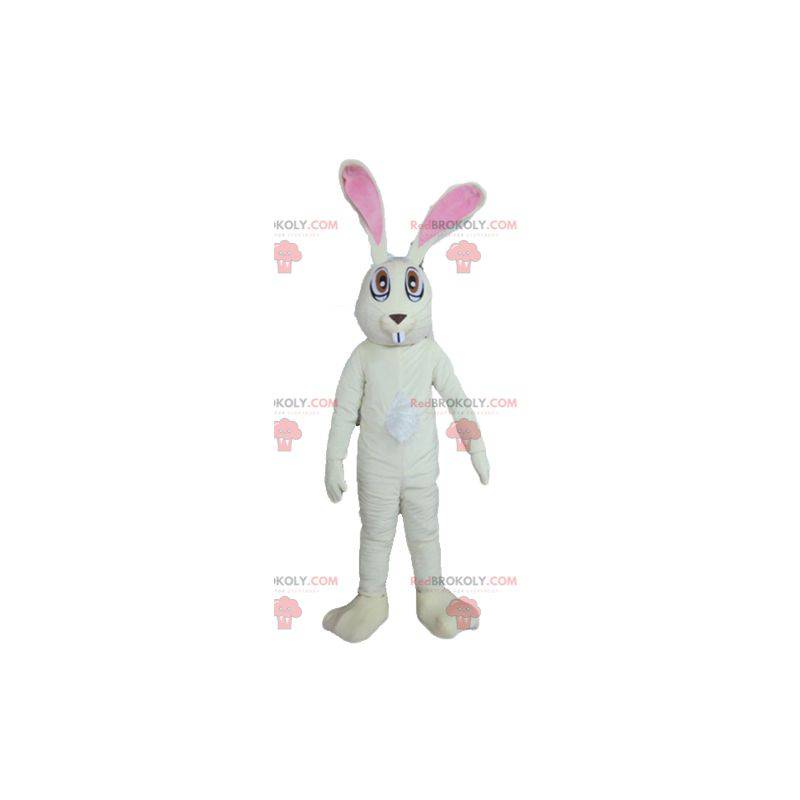 Mascote coelho grande branco e rosa muito engraçado -