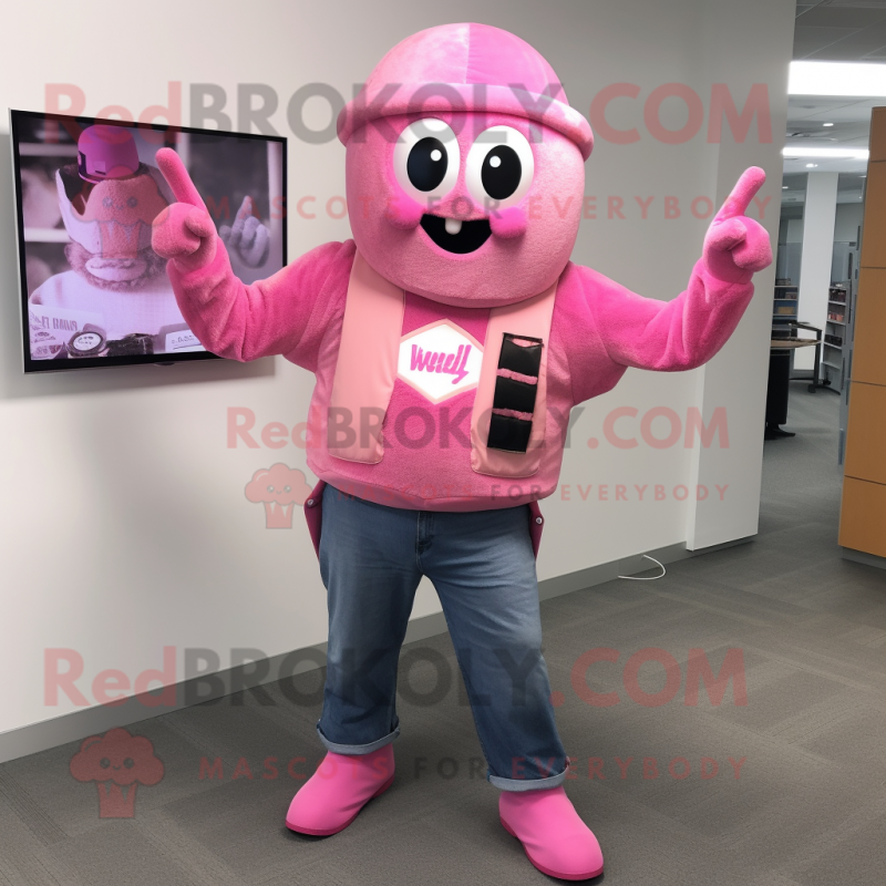 Pink Alliance mascot costume character dressed with a Bootcut Jeans and Mittens Pink Alliance mascot costume character dressed with a Bootcut Jeans and Mittens