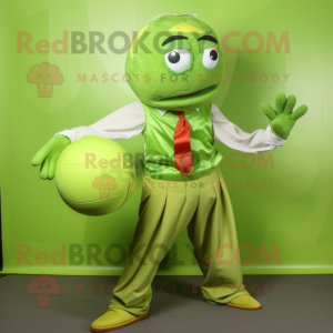 Lime Green Juggle mascot costume character dressed with a Blouse and Ties