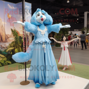 Sky Blue Trapeze Artist mascot costume character dressed with a Maxi Dress and Hairpins