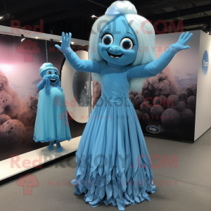 Sky Blue Trapeze Artist mascot costume character dressed with a Maxi Dress and Hairpins