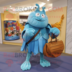 Sky Blue Hermit Crab mascot costume character dressed with a Dress Pants and Handbags