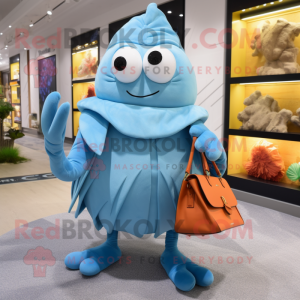 Sky Blue Hermit Crab mascot costume character dressed with a Dress Pants and Handbags