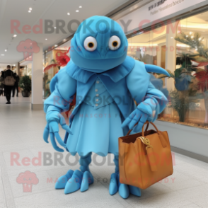Sky Blue Hermit Crab mascot costume character dressed with a Dress Pants and Handbags