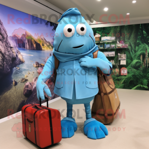 Sky Blue Hermit Crab mascot costume character dressed with a Dress Pants and Handbags