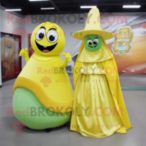 Lemon Yellow Fajitas mascot costume character dressed with a Ball Gown and Wallets