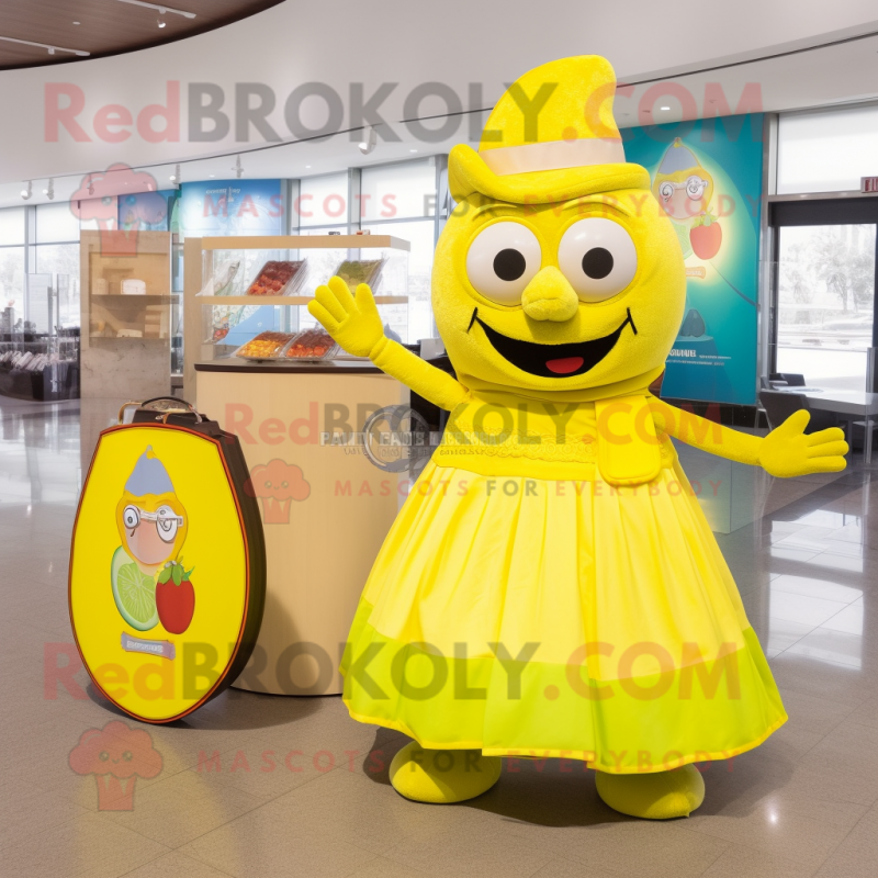 Lemon Yellow Fajitas mascot costume character dressed with a Ball Gown and Wallets Lemon Yellow Fajitas mascot costume character dressed with a Ball Gown and Wallets