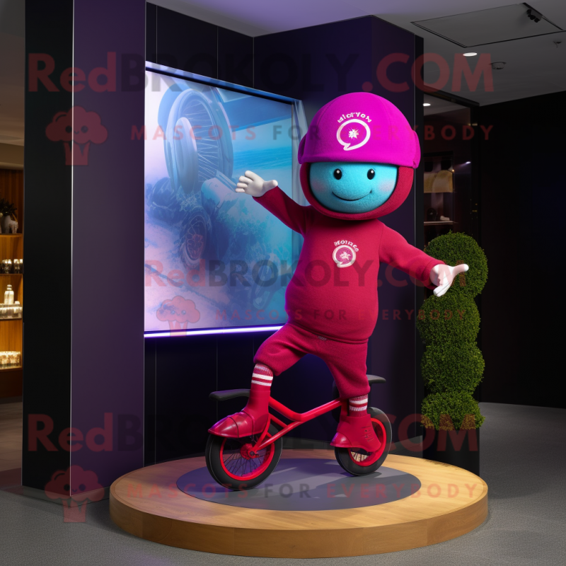Magenta Unicyclist mascot costume character dressed with a Polo Tee and Beanies Magenta Unicyclist mascot costume character dressed with a Polo Tee and Beanies