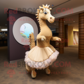 Beige Sea Horse mascot costume character dressed with a Circle Skirt and Earrings