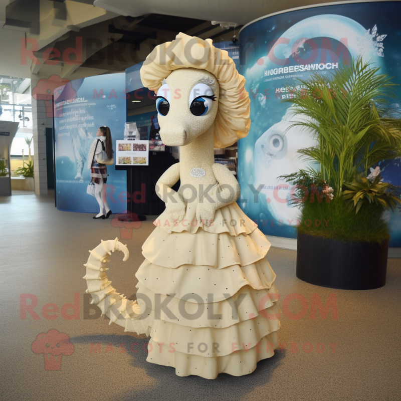 Beige Sea Horse mascot costume character dressed with a Circle Skirt and Earrings Beige Sea Horse mascot costume character dressed with a Circle Skirt and Earrings